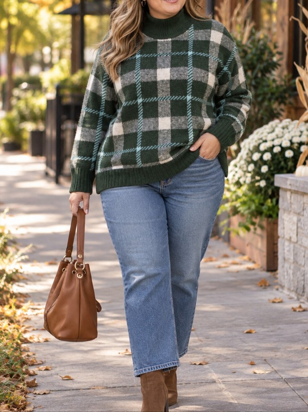 Cynthia Rowley Forest Green Cream Plaid Turtleneck Sweater Cozy Stretch Knit